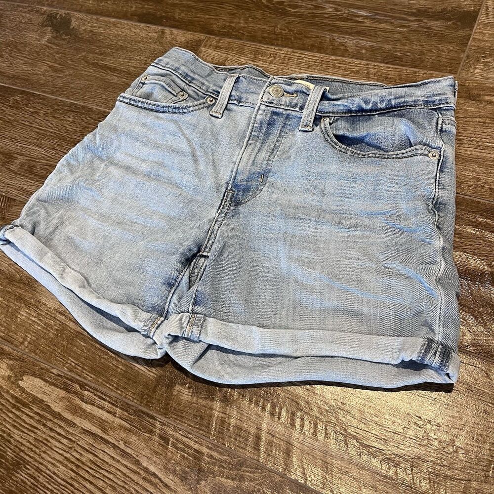 Levis Jean Shorts Womens Size 27 Blue Denim Distressed Mid Length Cuff Stretch
